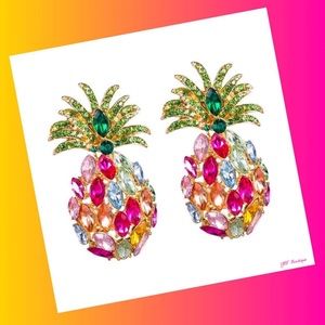 New Pink & Gold Multicolor Pineapple Rhinestone Statement Post Fashion Earrings